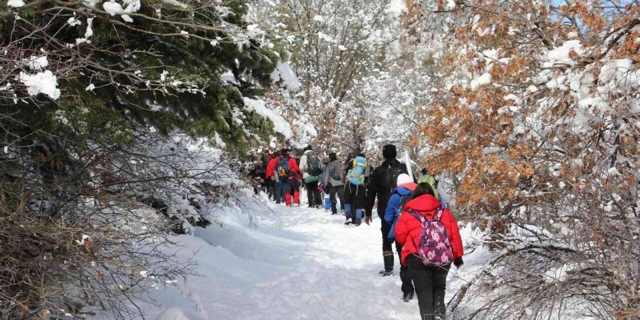 Doğa tutkunlarından dağlık alanda kar yürüyüşü