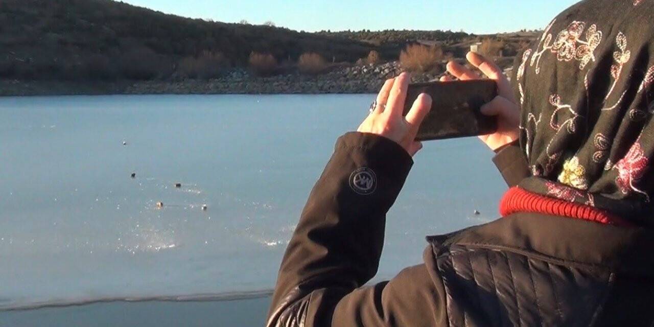 Buz tutan Kuruçay Göleti ilgi odağı oldu