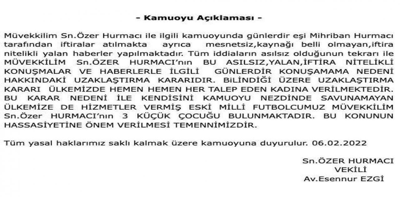 Eski futbolcu Özer Hurmacı’nın avukatından açıklama