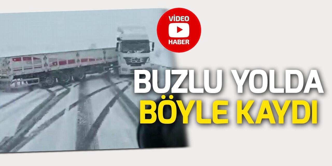 Buzlanan yolda kayan tır araç kamerasında