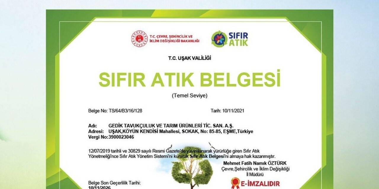 Gedik Piliç’e ‘Sıfır Atık’ belgesi