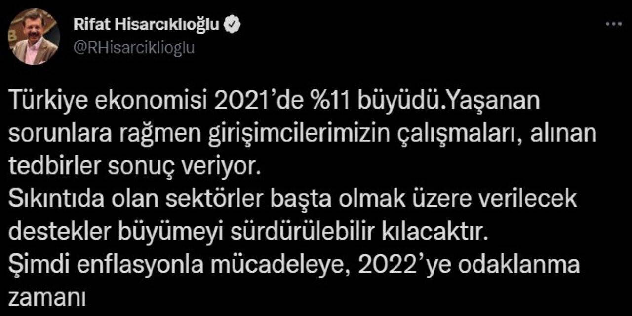 TOBB Başkanı Hisarcıklıoğlu: “Ekonomimiz 2021’de yüzde 11 büyüdü, şimdi enflasyonla mücadele zamanı”