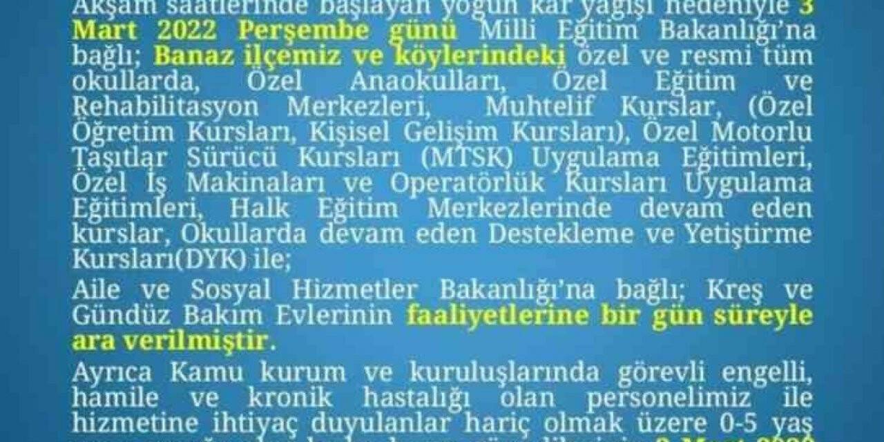 Banaz’da okullara kar tatili