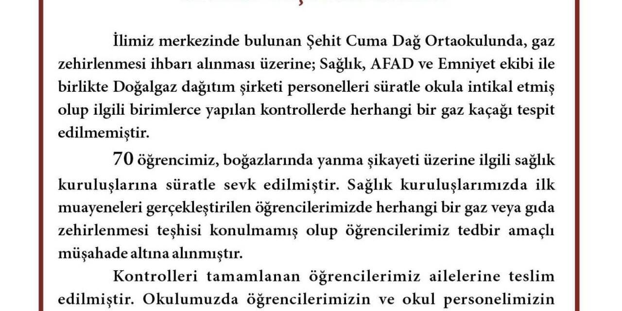Valilikten açıklama: “Öğrencilerimize herhangi bir gaz veya gıda zehirlenme teşhisi konulmamıştır”