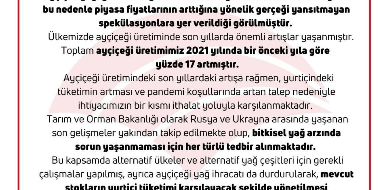 Bakan Kirişci: “Ülkemizin yeterli miktarda ayçiçek yağı stoku bulunmaktadır”