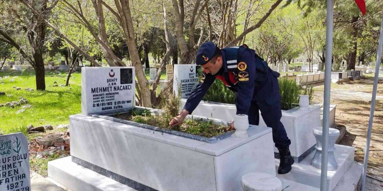Jandarma şehitlikleri temizledi, bayrakları yeniledi