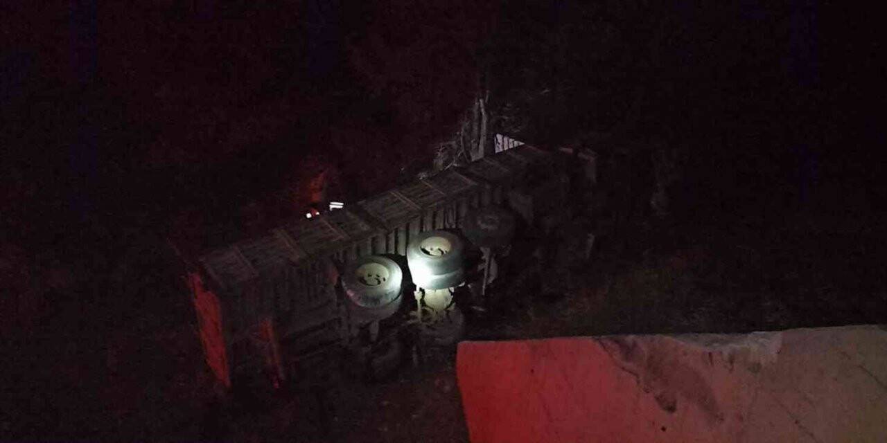 Şarampole devrilen kamyonun sürücüsü yaralandı