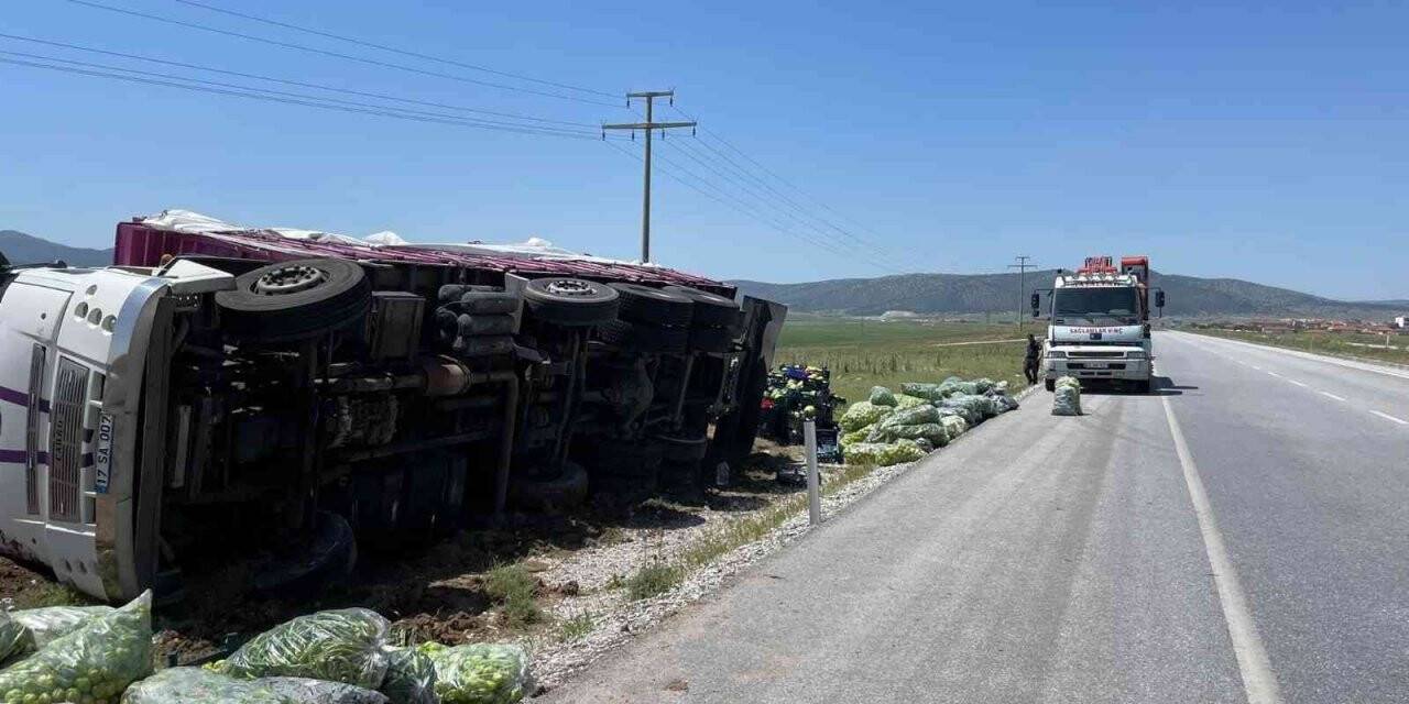 Kontrolden çıkan dolmalık biber yüklü kamyon refüje devrildi
