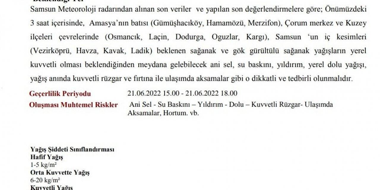 Orta Karadeniz için kuvvetli yağış uyarısı