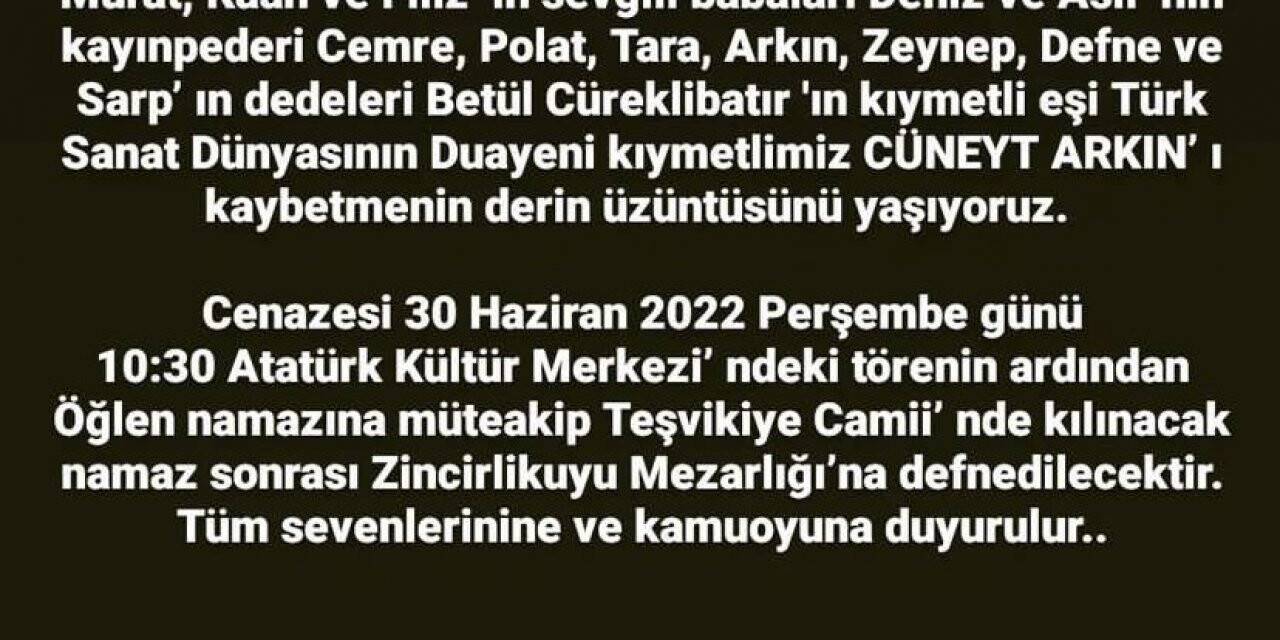 Cüneyt Arkın’ın ailesinden sosyal medya üzerinden açıklama