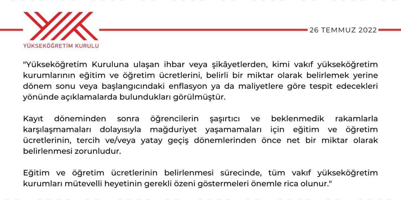 YÖK’ten vakıf yükseköğretim kurumlarına “eğitim ücreti” uyarısı