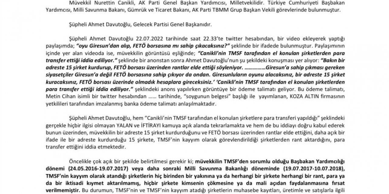 AK Parti Genel Başkan Yardımcısı Canikli’den Ahmet Davutoğlu hakkında suç duyurusu