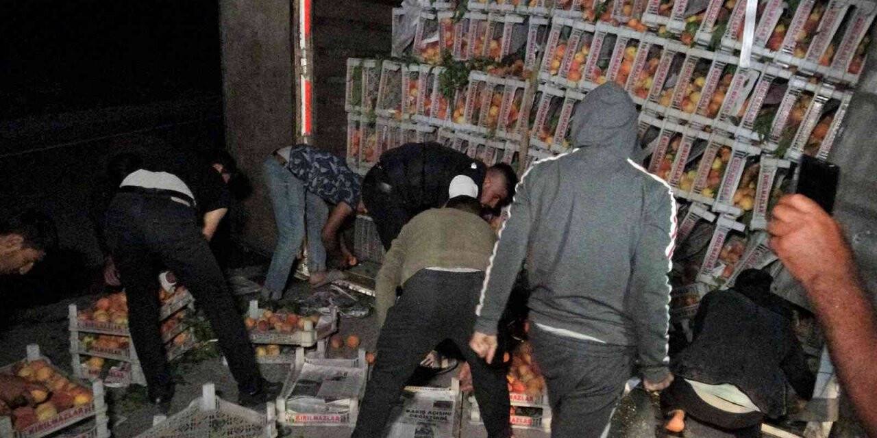 Şeftali yüklü kamyon devrildi:1 yaralı