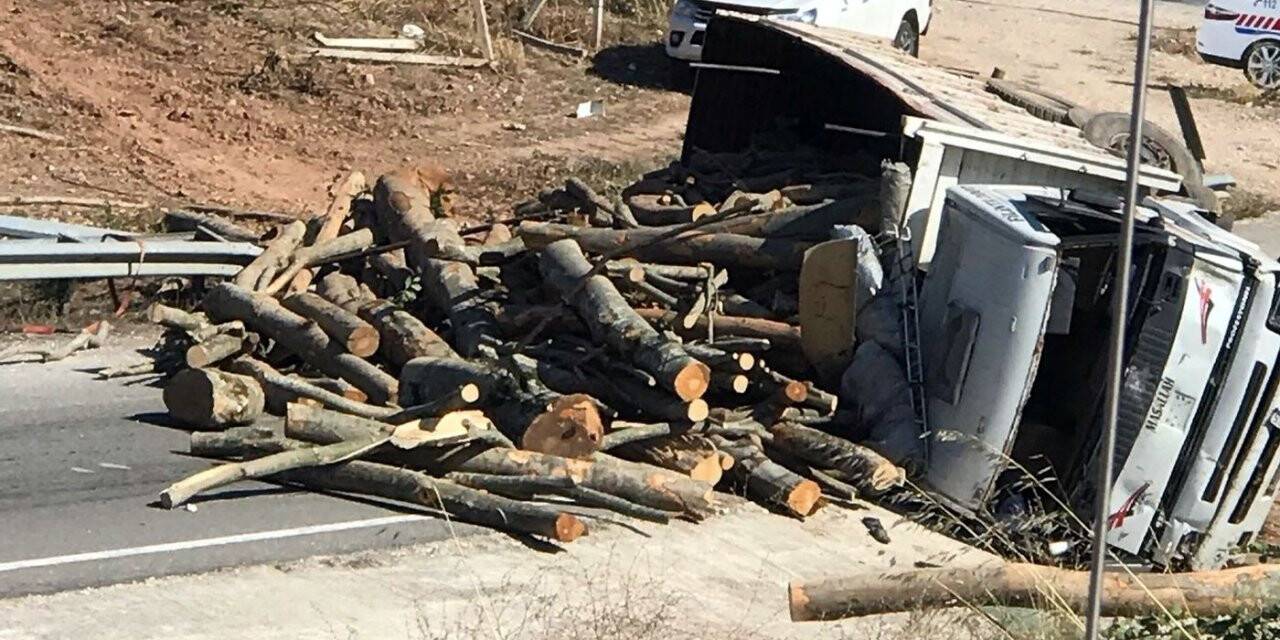 Freni boşalan tomruk yüklü kamyon devrildi: 1 yaralı