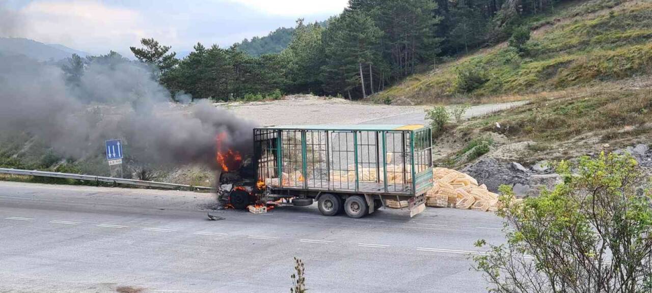 Seyir halindeki kamyon alev alev yandı