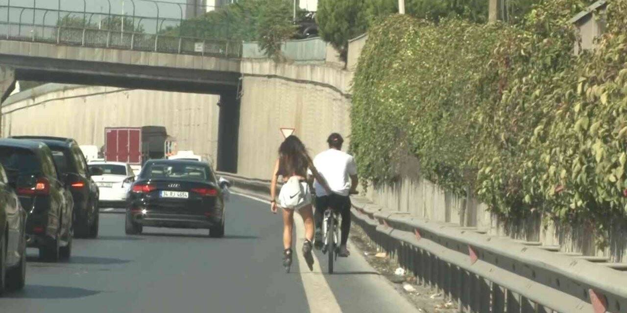 Sarıyer’de patenli ve bisikletli çiftin tehlikeli yolculuğu kamerada
