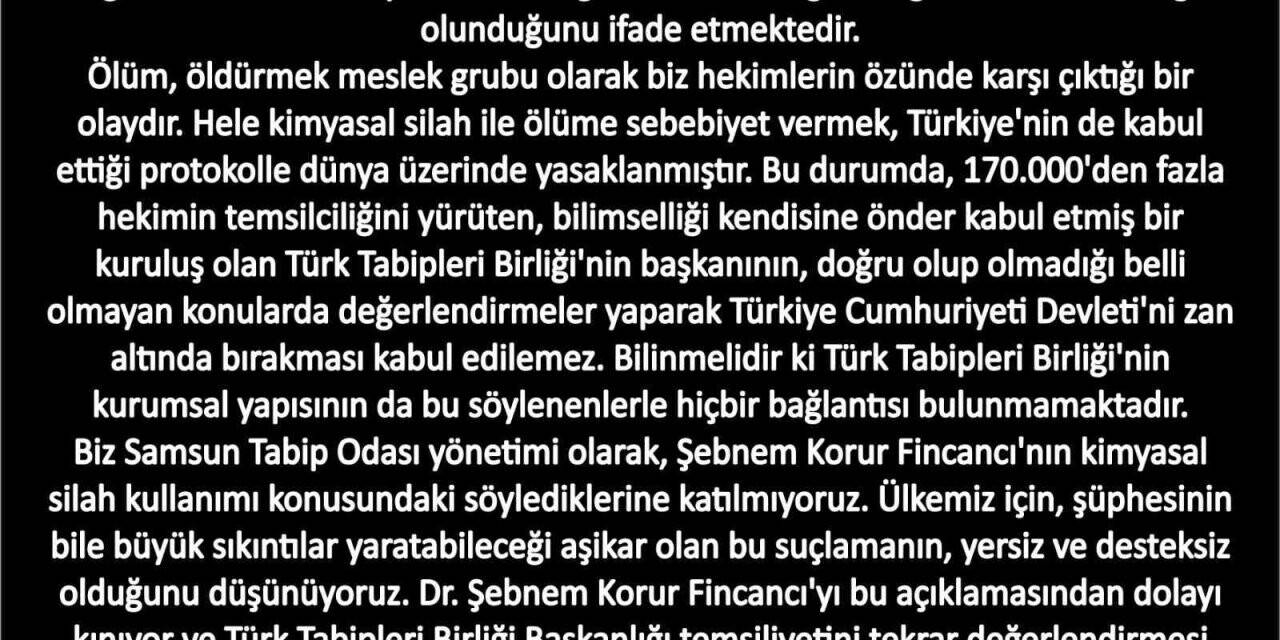 Samsun Tabip Odası’ndan Fincancı’ya kınama