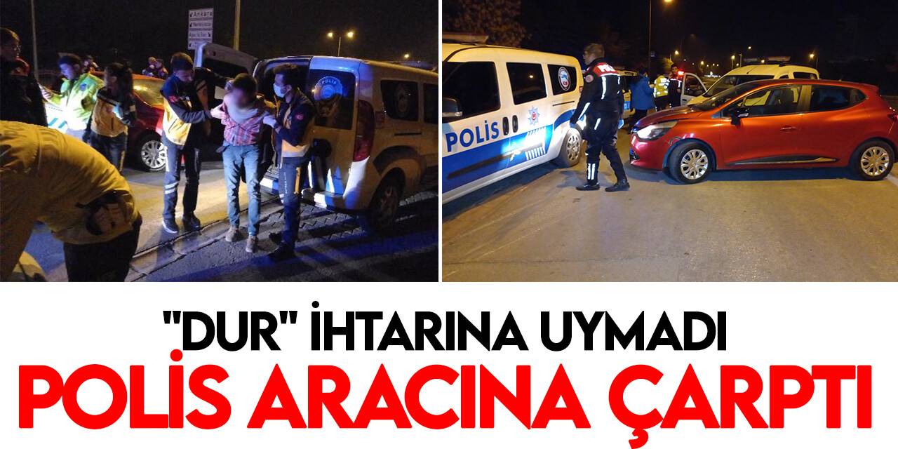 Abart  egzozlu ve sahte plakalı araç "Dur" ihtarına uymadı, polis aracına çarparak durabildi