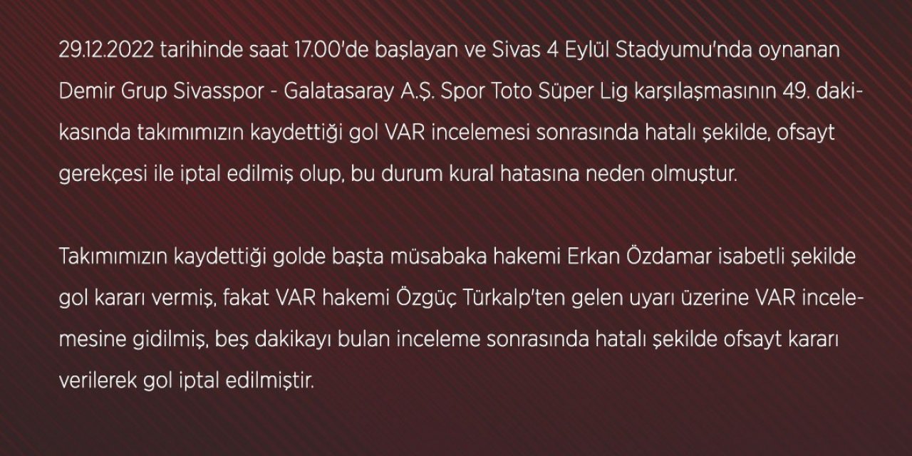 Sivasspor, Galatasaray maçının tekrarı için TFF’ye başvurdu