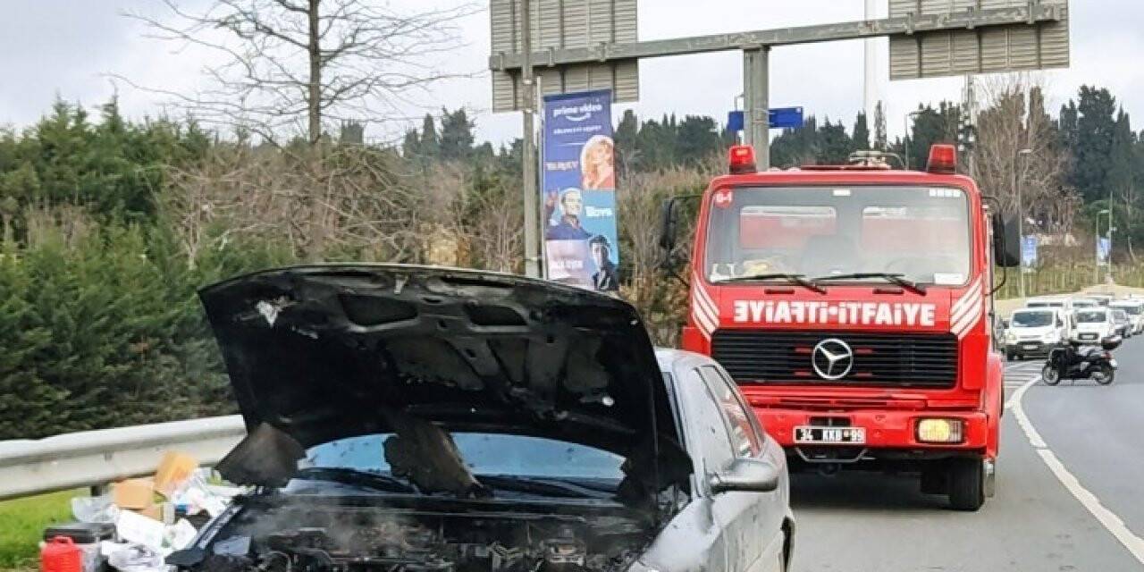 E5’te otomobil böyle alev alev yandı