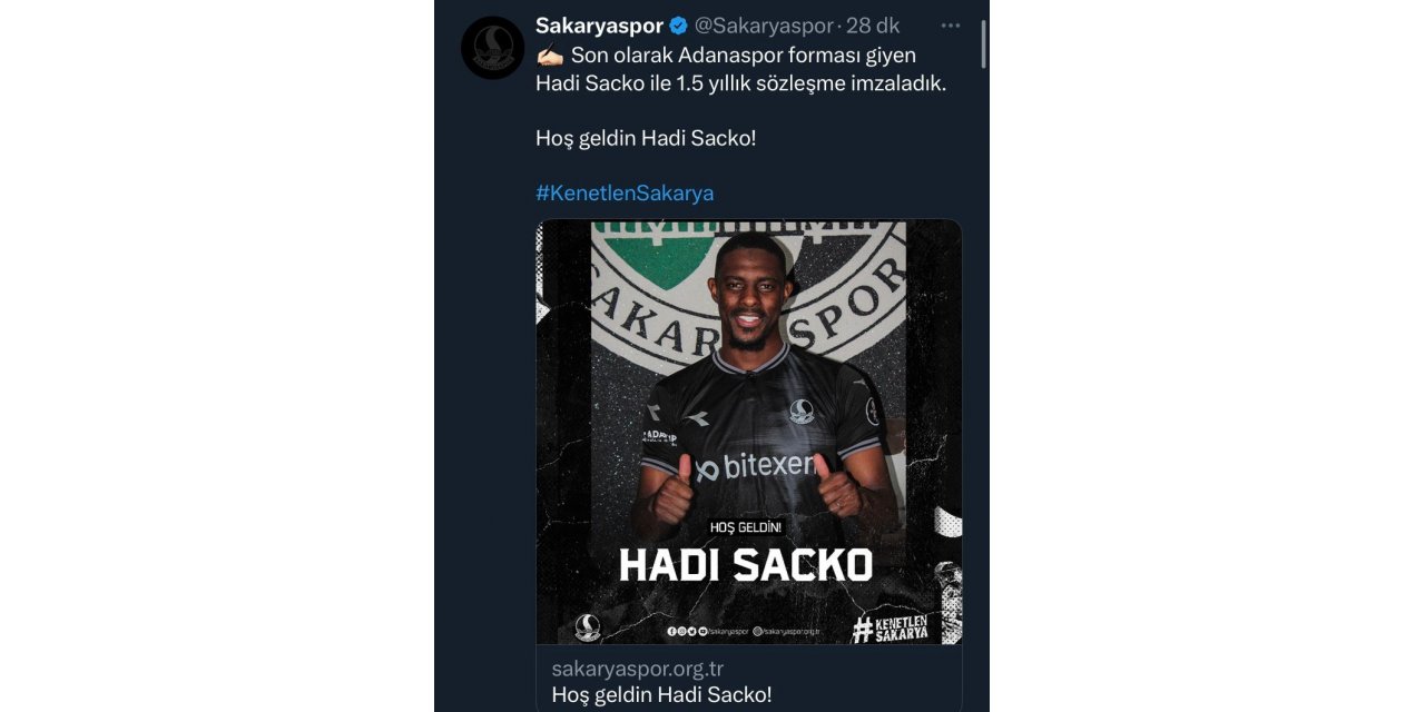 Sakaryaspor, Hadi Sacko’yu transfer etti