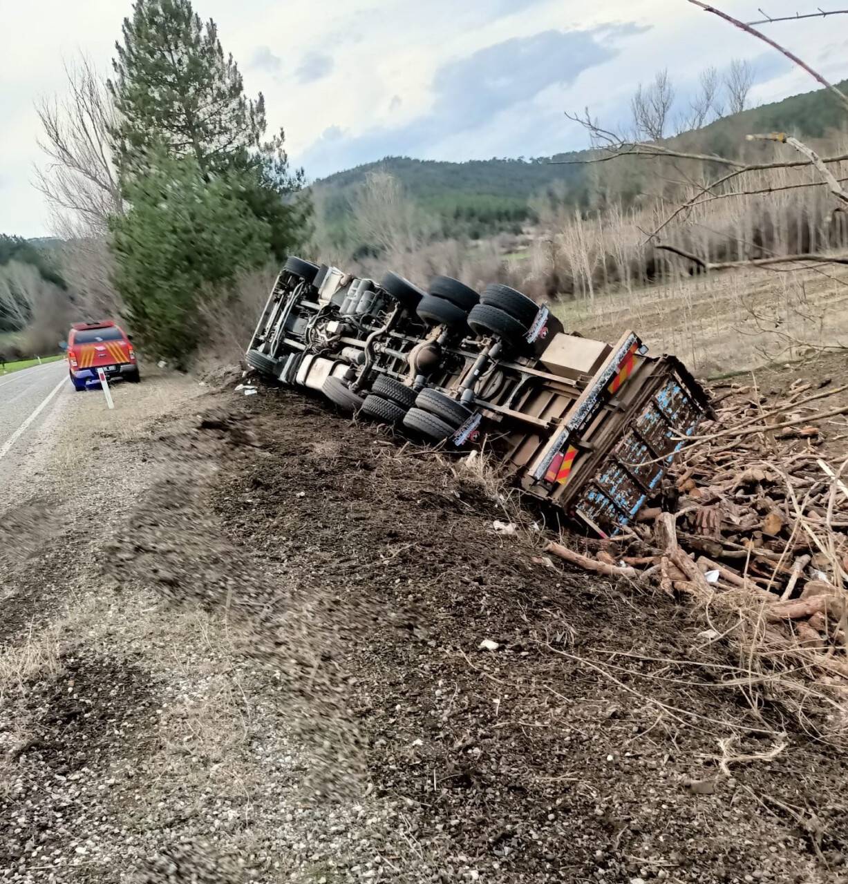 Virajı alamayan odun yüklü kamyon devrildi