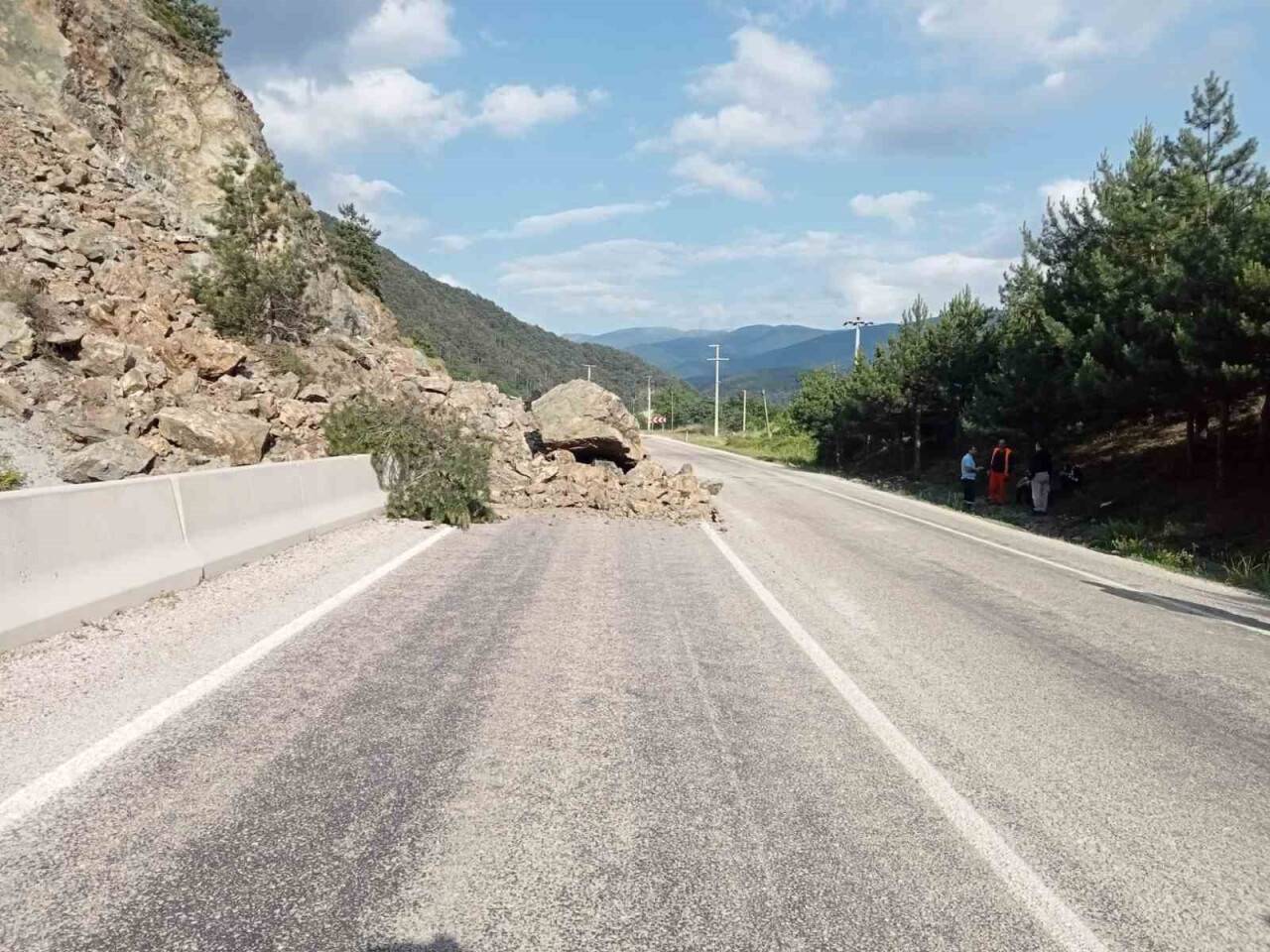 Heyelan nedeniyle dağdan kopan kaya parçaları yolu kapattı