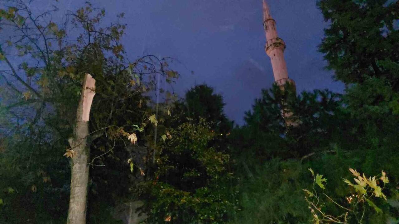Cami avlusundaki ağaç fırtınada ikiye ayrıldı