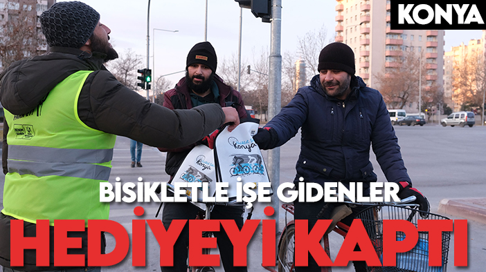 Konya Büyükşehir bisikletle işe giden vatandaşlara hediye dağıttı