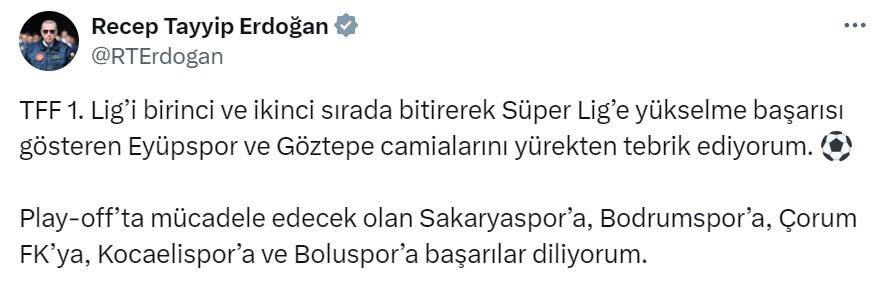 Erdoğan’dan TFF 1. Lig’e yükselen takımlara tebrik