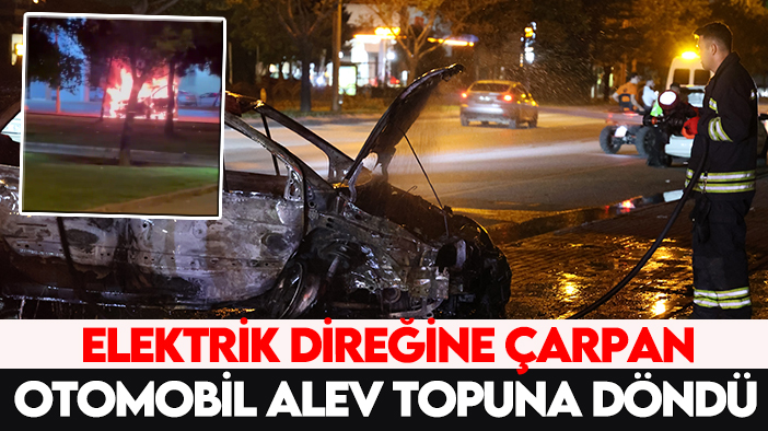 Konya'da elektrik direğine çarpan araç alev alev yandı