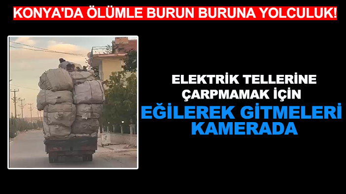 Konya'da ölümle burun buruna yolculuk! Elektrik tellerine çarpmamak için eğilerek gitmeleri kamerada