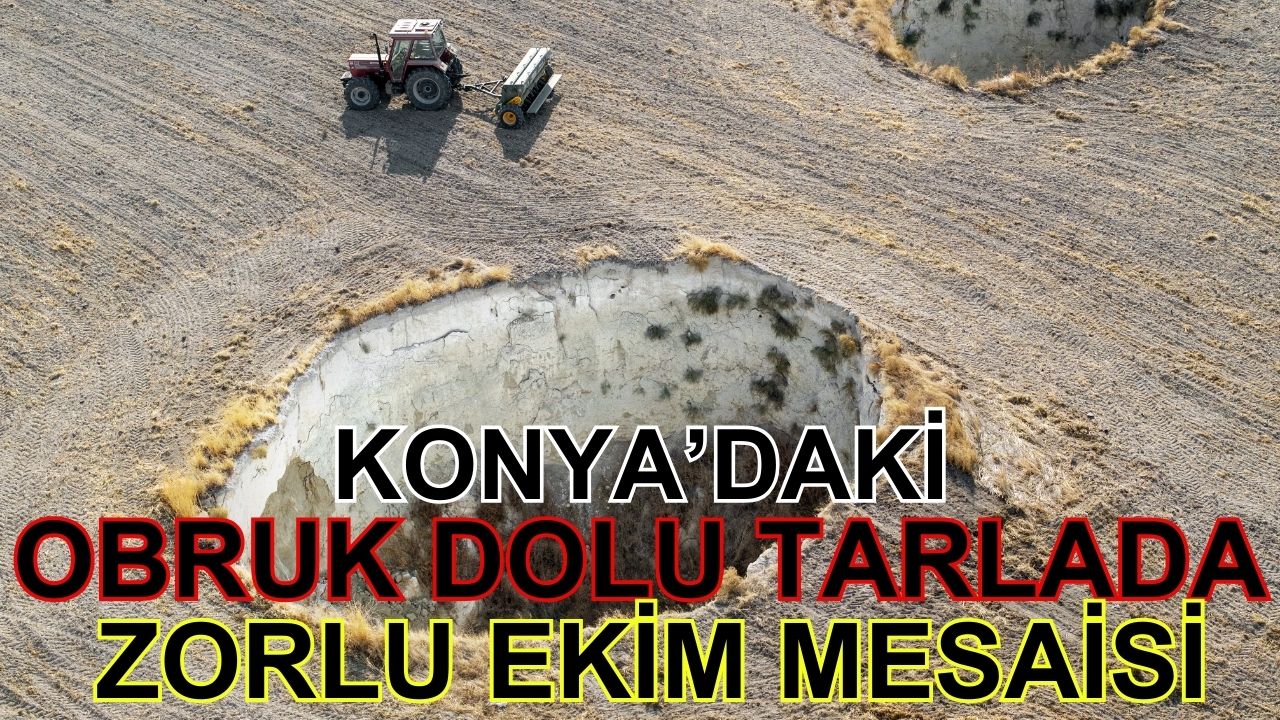 Konya'daki obruk dolu tarlada zorlu ekim mesaisi