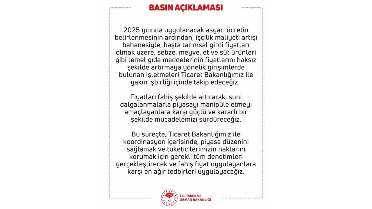 Tarım ve Orman Bakanlığı: "Piyasayı manipüle etmeyi amaçlayanlara karşı mücadelemizi sürdüreceğiz"