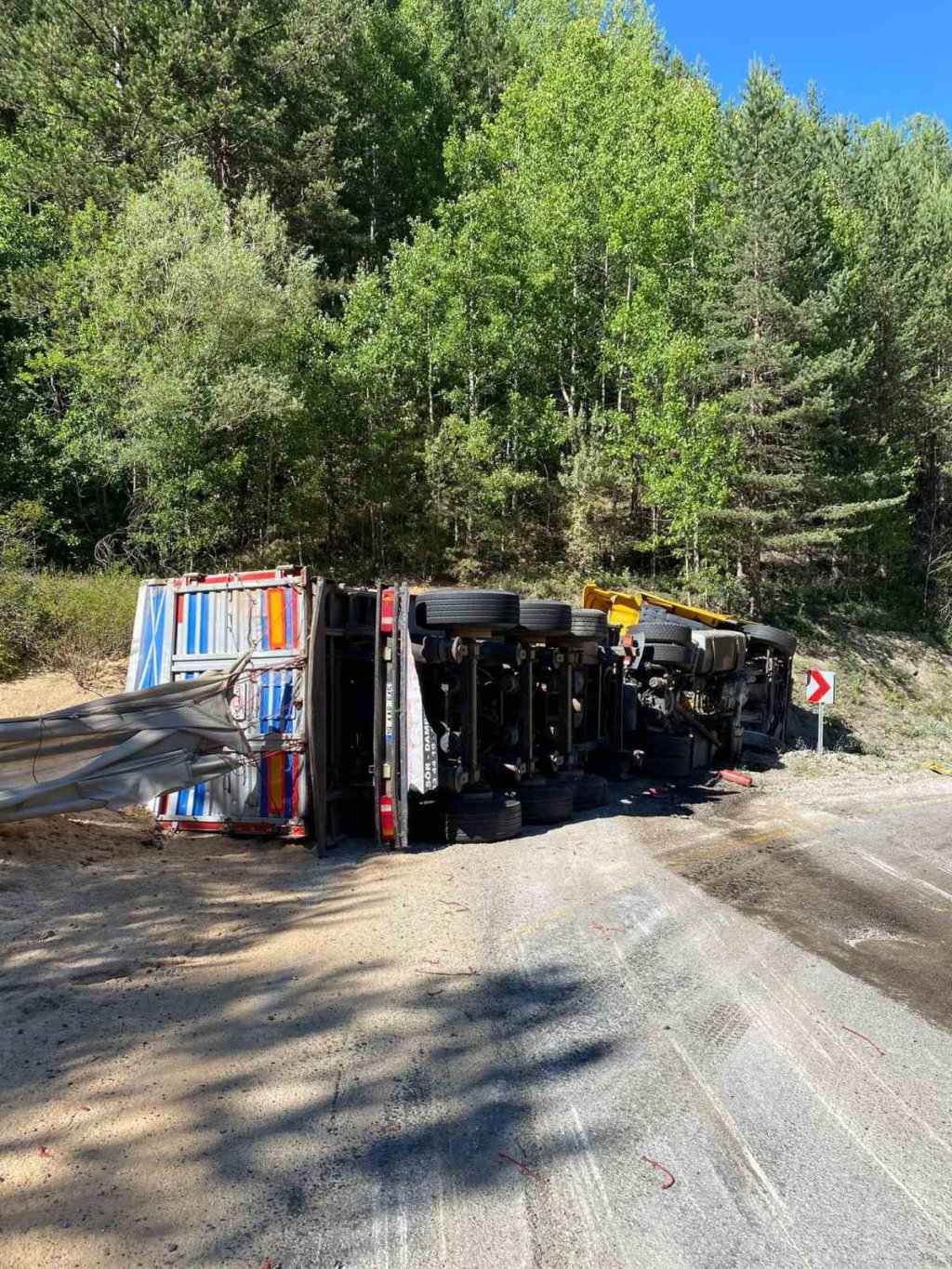 Virajı alamayan talaş yüklü tır devrildi: 2 yaralı