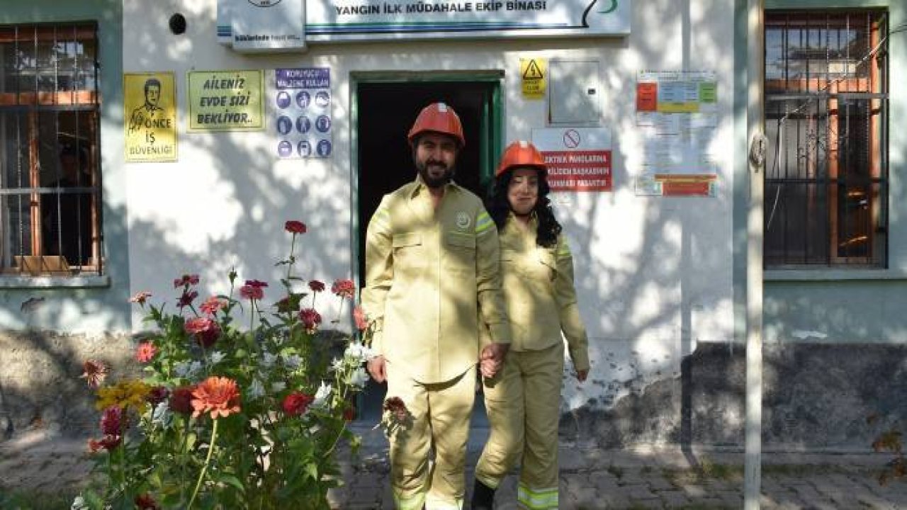 Orman işletme personeli ile eşi, düğünlerinde iş elbisesi giydi