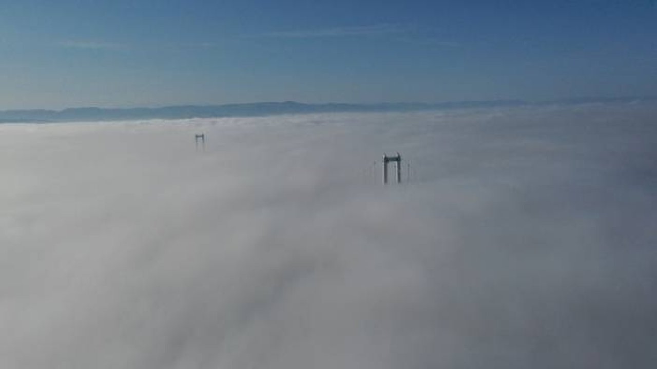 Sis içinde kalan Osmangazi Köprüsü drone ile görüntülendi