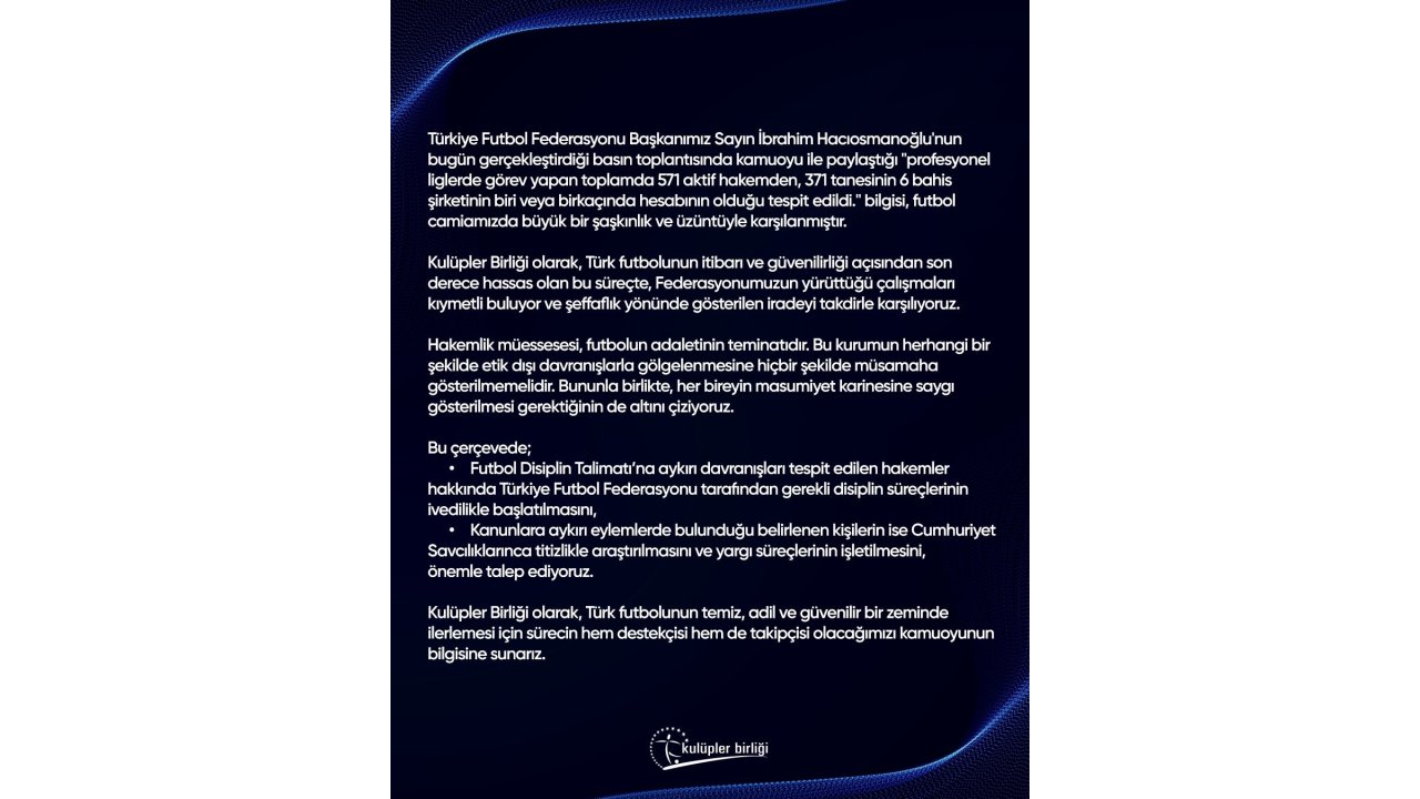 Kulüpler Birliği’nden TFF’ye destek