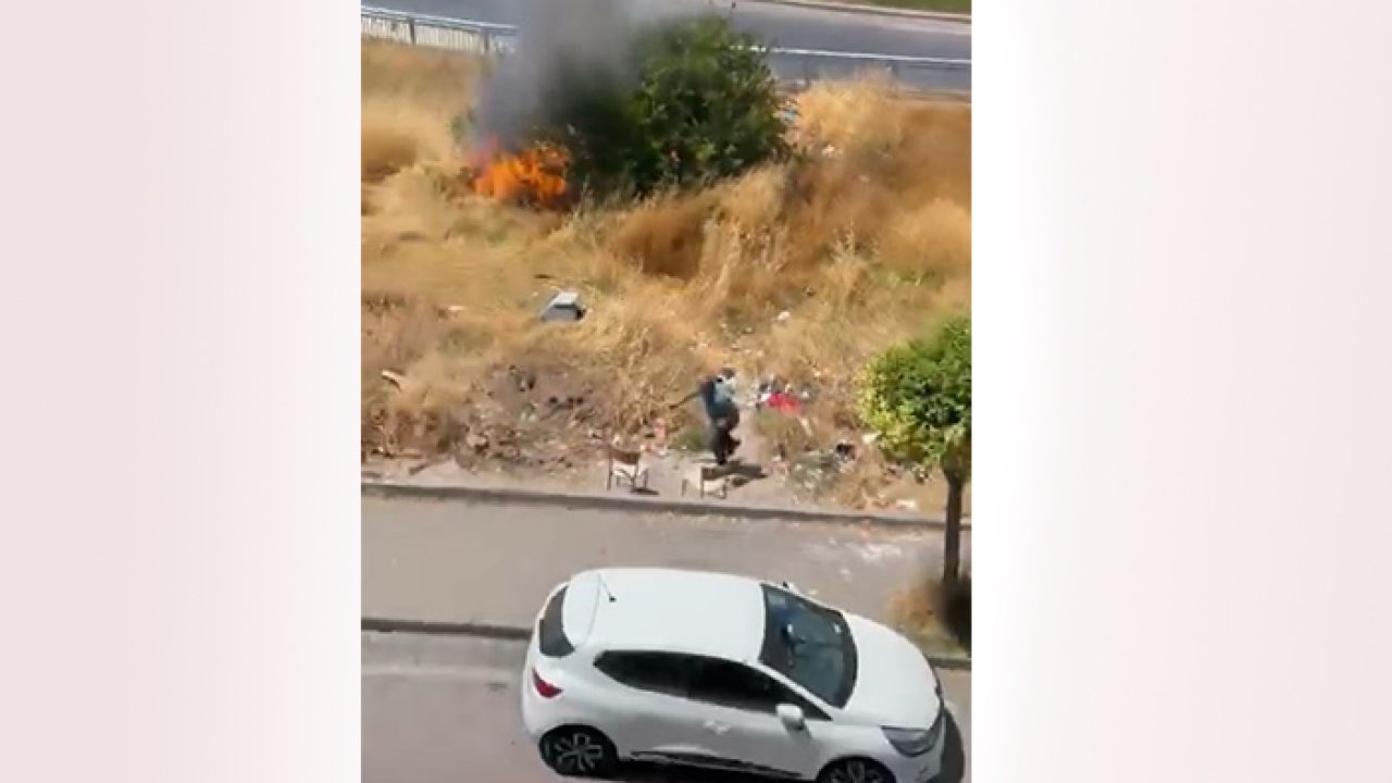Yaşlı bir adam otluk alanı yakıp kaçtı!