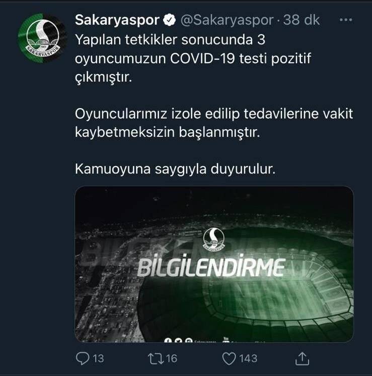 1922 Konyaspor maçı öncesi Sakaryaspor’da 3 futbolcunun korona testi pozitif çıktı