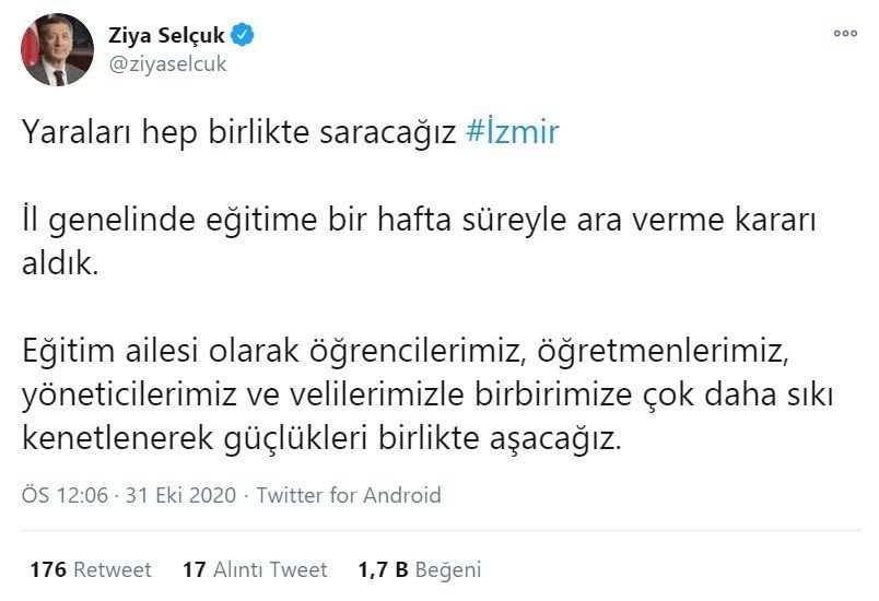 Milli Eğitim Bakanı Selçuk, 'İl genelinde eğitime bir hafta süreyle ara verme kararı aldık'