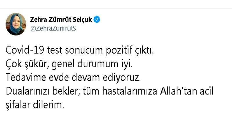 Bakan Zehra Zümrüt Selçuk Covid-19 test sonucunun pozitif çıktığını açıkladı
