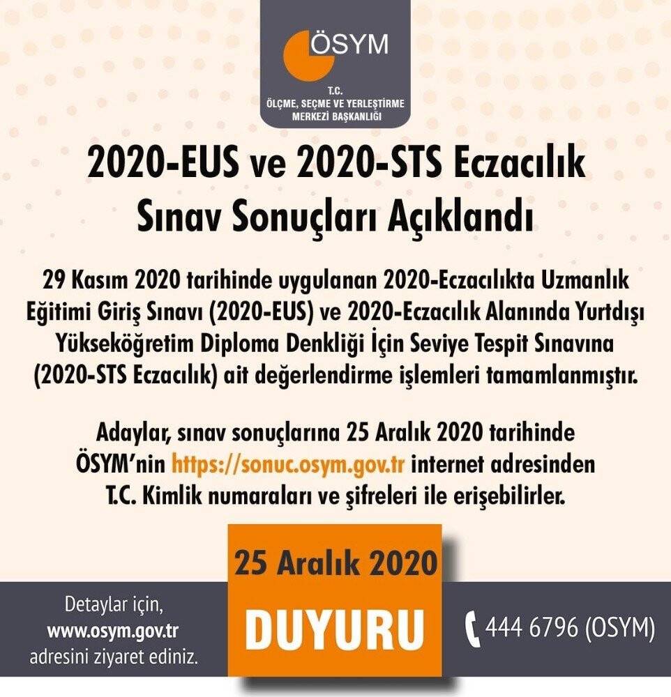 2020 EUS ve STS Eczacılık sınav sonuçları açıklandı
