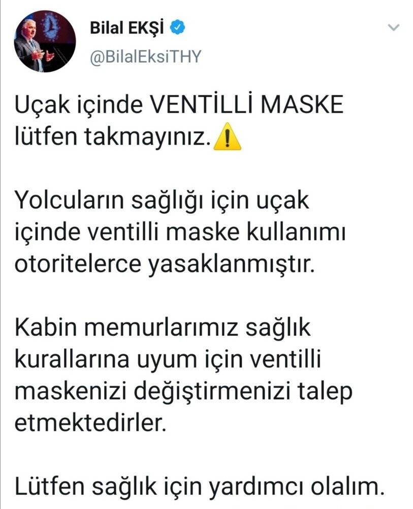 THY Genel Müdürü Bilal Ekşi’den yolculara ’ventilli maske’ uyarısı