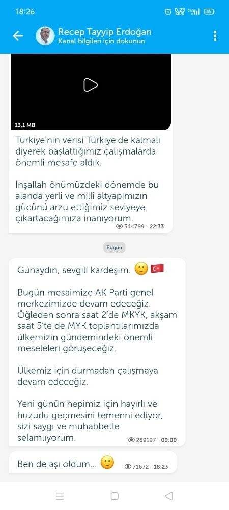 Cumhurbaşkanı Recep Tayyip Erdoğan, Telegram ve Bip üzerinden, paylaşım yaptı