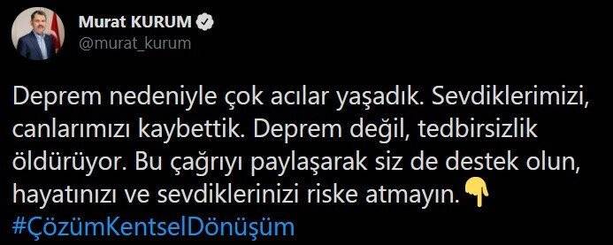 Bakan Kurum’dan ‘kentsel dönüşüme destek’ paylaşımı