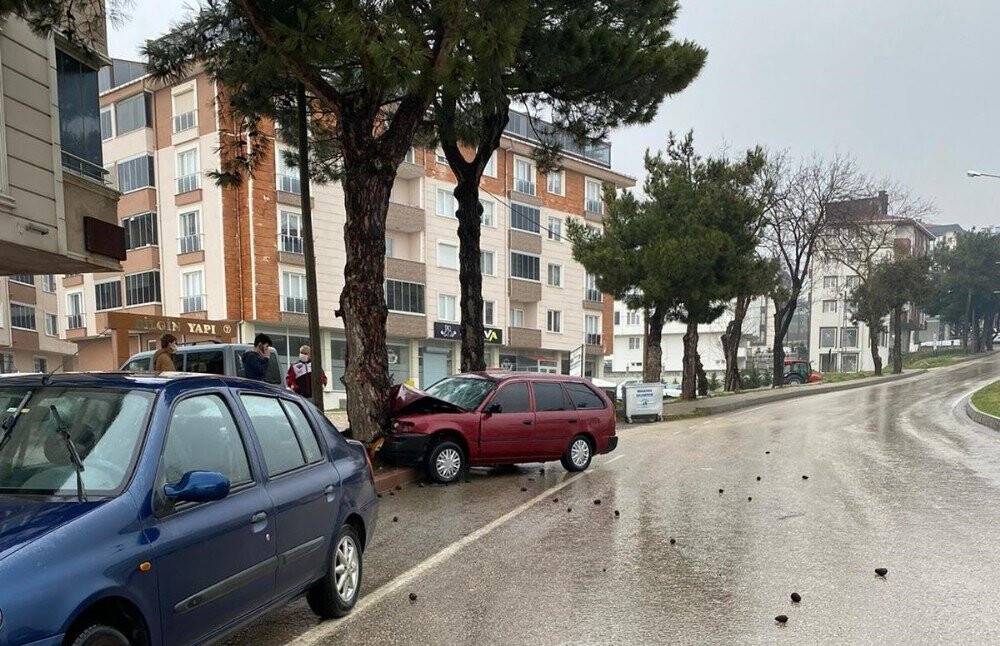 Virajı alamayan otomobilin ağaca çarptığı feci kaza kamerada
