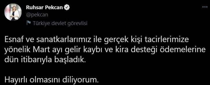 Bakan Pekcan, Mart ayı gelir kayıplarının dün itibariyle ödenmeye başlandığını duyurdu
