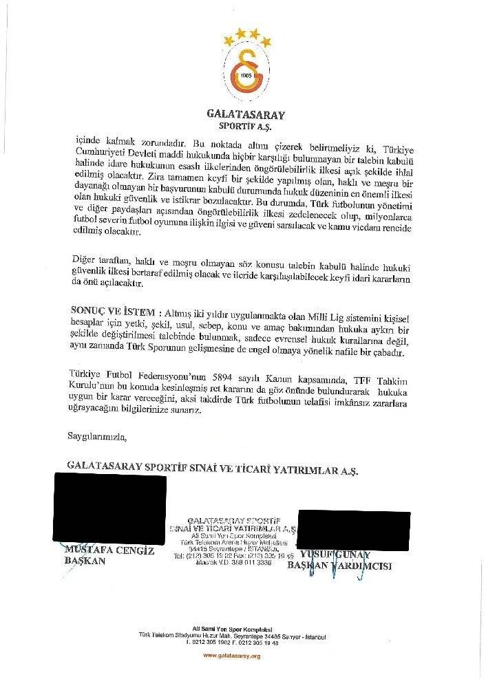 İşte Galatasaray’ın TFF’ye gönderdiği dilekçe!