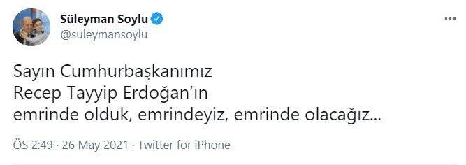 Bakan Soylu: "Sayın Cumhurbaşkanımız Recep Tayyip Erdoğan’ın emrinde olduk, emrindeyiz, emrinde olacağız."